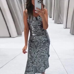 Zara Metallic Foil Print Slip Dress